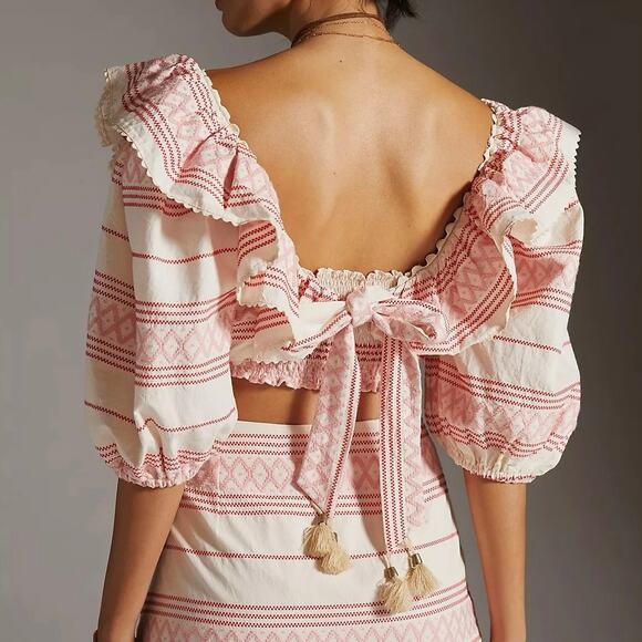 Raissa | Anthropologie NWT Ruffled Embroidered Cropped Blouse Beige Pink Red - Picture 3 of 14